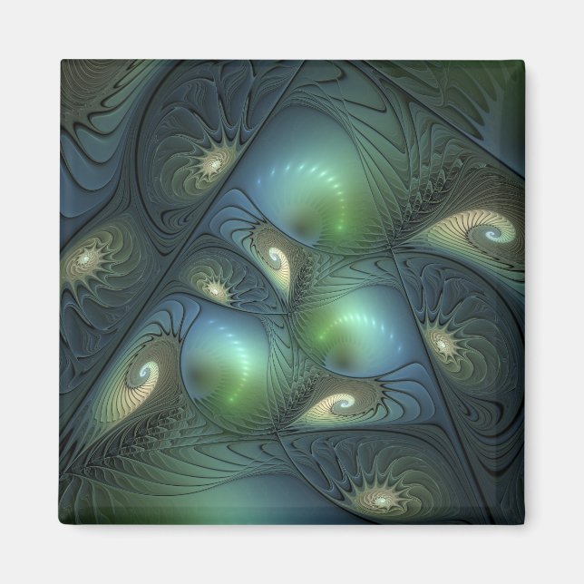 Spirals Teal Beige Green Abstract Fractal Art Magnet (Front)
