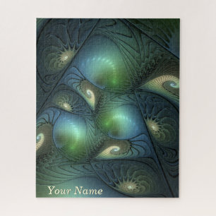 Spirals Teal Beige Green Abstract Fractal Art Name Jigsaw Puzzle