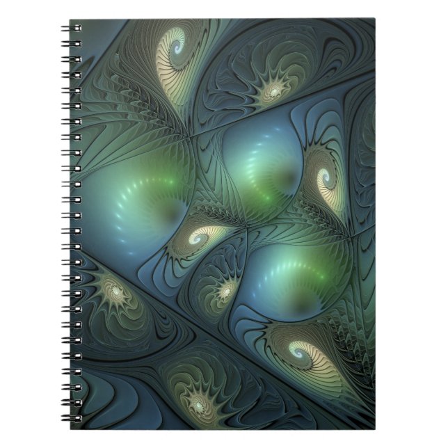 Spirals Teal Beige Green Abstract Fractal Art Notebook (Front)
