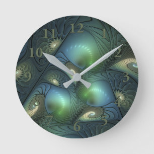 Spirals Teal Beige Green Abstract Fractal Art Round Clock