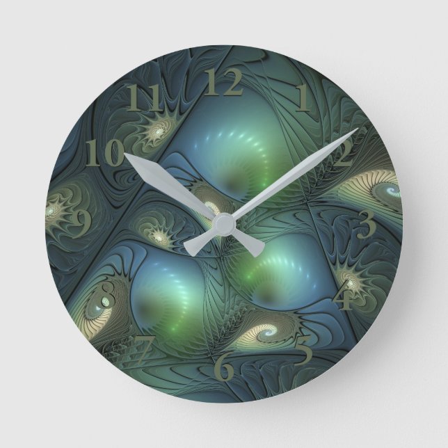 Spirals Teal Beige Green Abstract Fractal Art Round Clock (Front)