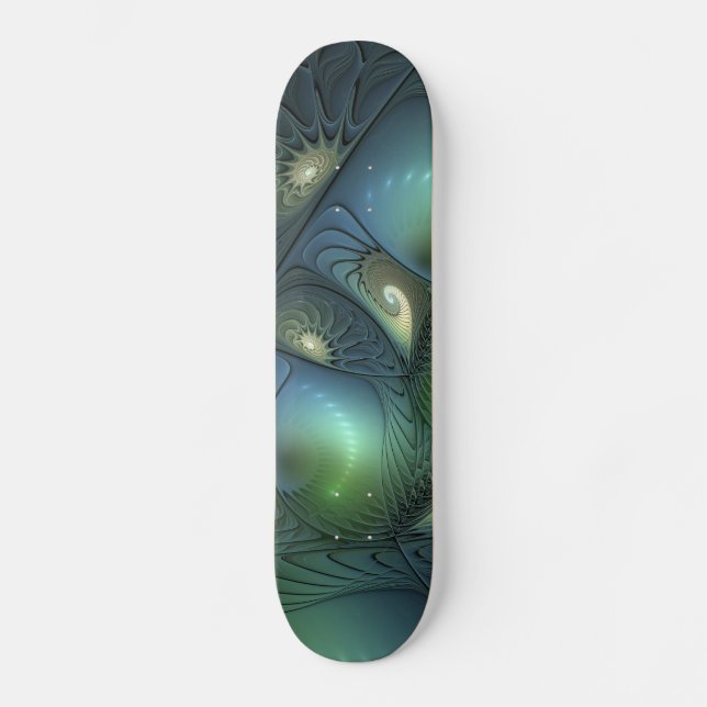 Spirals Teal Beige Green Abstract Fractal Art Skateboard (Front)
