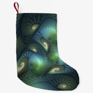 Spirals Teal Beige Green Abstract Fractal Art Small Christmas Stocking