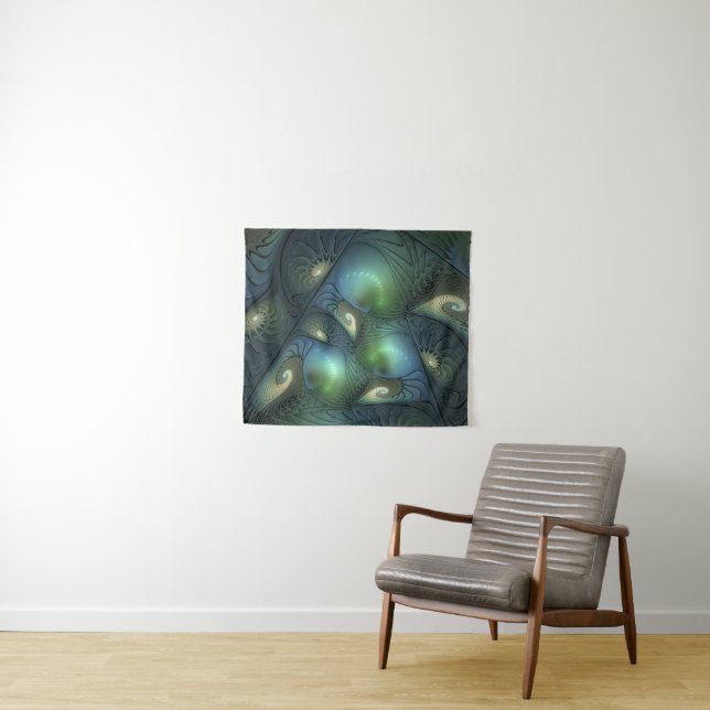 Spirals Teal Beige Green Abstract Fractal Art Tapestry (In Situ (Horizontal))