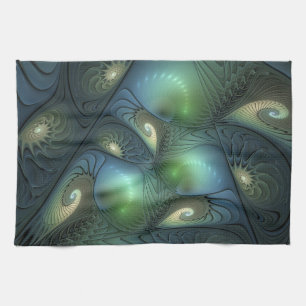 Spirals Teal Beige Green Abstract Fractal Art Tea Towel