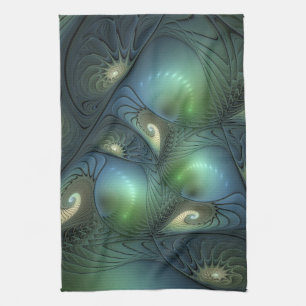 Spirals Teal Beige Green Abstract Fractal Art Tea Towel