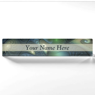 Spirals Teal Beige Green Abstract Fractal Art Text Nameplate