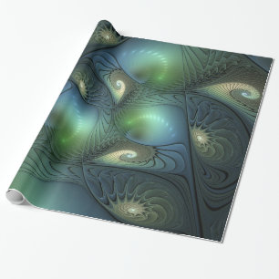 Spirals Teal Beige Green Abstract Fractal Art Wrapping Paper