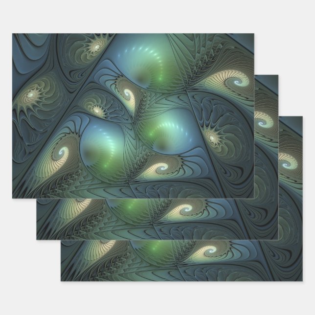 Spirals Teal Beige Green Abstract Fractal Art Wrapping Paper Sheet (Set)