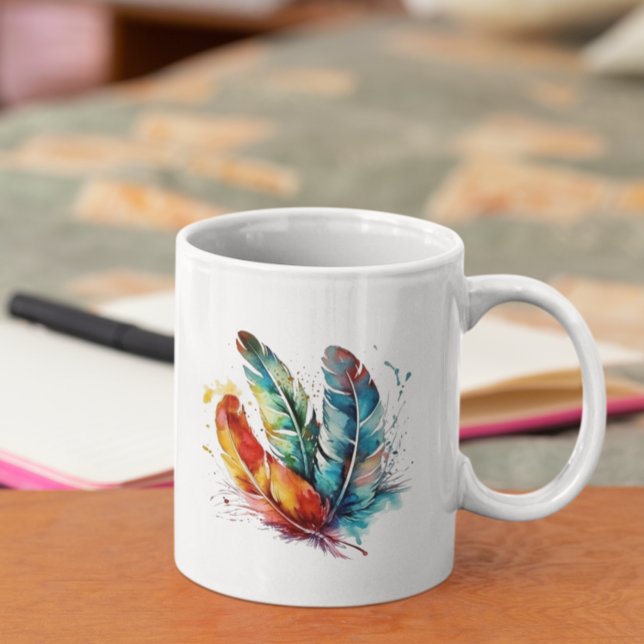 Spirit Feathers: Vibrant Watercolor Art Coffee Mug (Creator Uploaded)