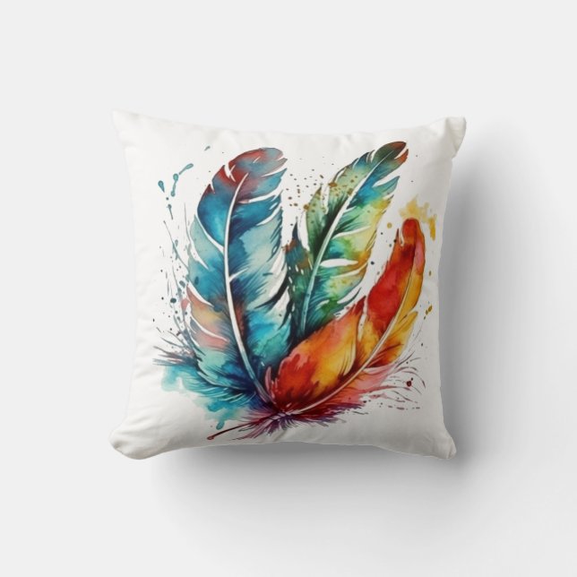 Spirit Feathers: Vibrant Watercolor Art Cushion (Front)
