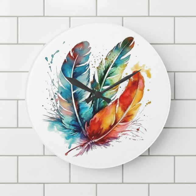 Spirit Feathers: Vibrant Watercolor Art Large Clock (Creator Uploaded)