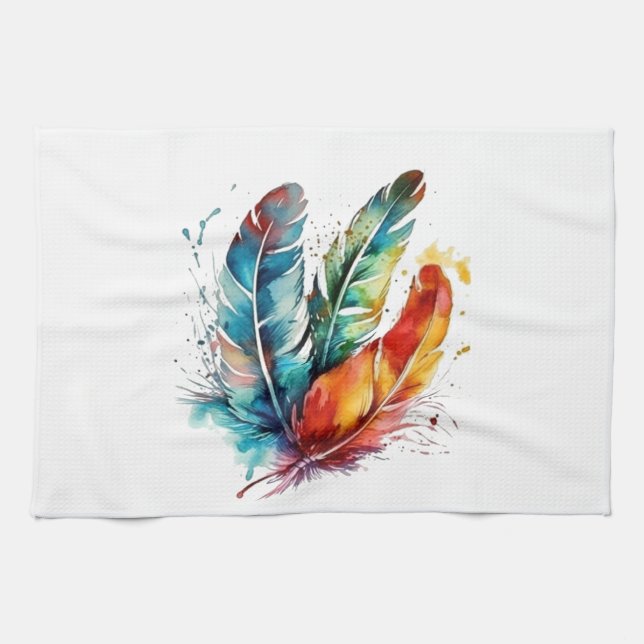 Spirit Feathers: Vibrant Watercolor Art Tea Towel (Horizontal)