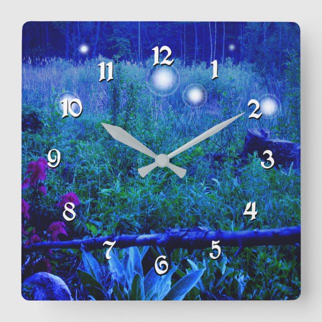 Spirit Lights Blue Night Marsh Meadow Will o Wisp Square Wall Clock (Front)