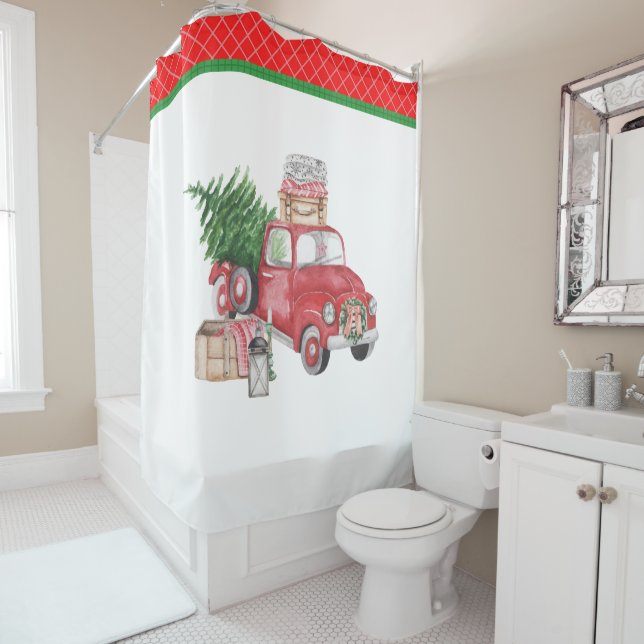 Spirit of A Country Christmas Old Truck Tree Shower Curtain (In Situ)