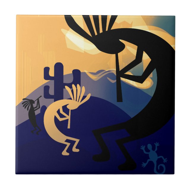 Spirit of Kokopelli Desert Landscape Teal 2 Ceramic Tile (Front)