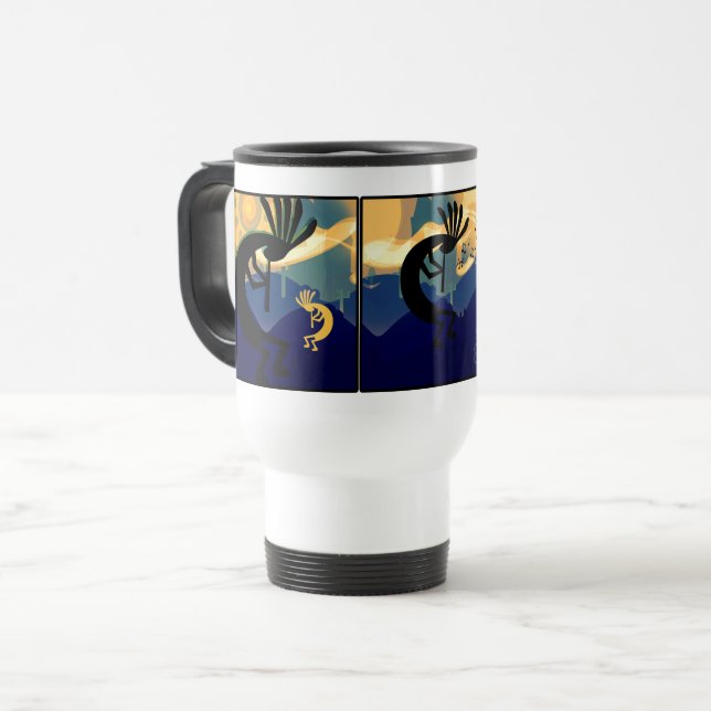 Spirit of Kokopelli Desert Landscape Teal Travel Mug (Front Left)