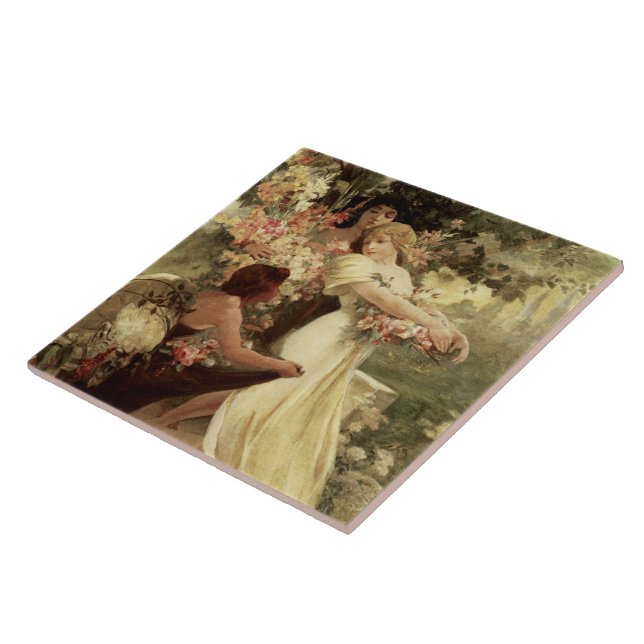 Spirit Of Spring by Alphonse Mucha Ceramic Tile (Side)