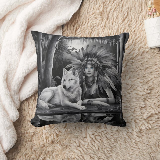 Spirit of the Wild: Indian Woman and Wolf Cushion (Blanket)