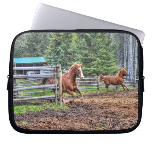 Spirited Dun Pony and Chestnut Ranch Horse Racing Laptop Sleeve