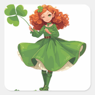 Spirited Girl Holding a Giant Clover Square Sticker