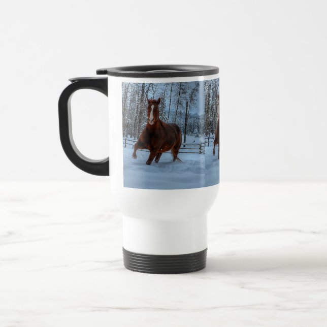 Spirited Sorrel Horse in Snow for Horse-lovers Travel Mug (Left)