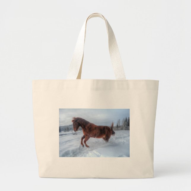 Spirited Sorrel Horse Rearing Up in Winter Snow Large Tote Bag (Front)