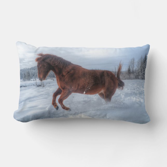 Spirited Sorrel Horse Rearing Up in Winter Snow Lumbar Cushion (Front)