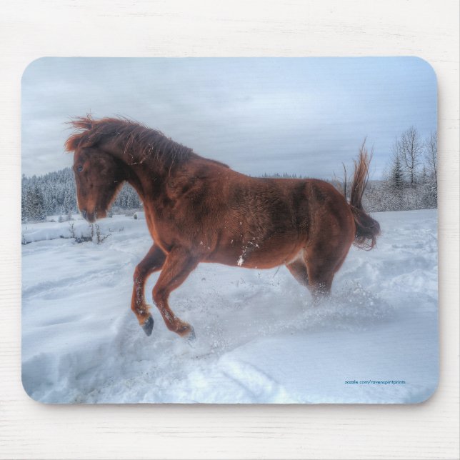 Spirited Sorrel Horse Rearing Up in Winter Snow Mouse Pad (Front)