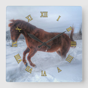 Spirited Sorrel Horse Rearing Up in Winter Snow Square Wall Clock