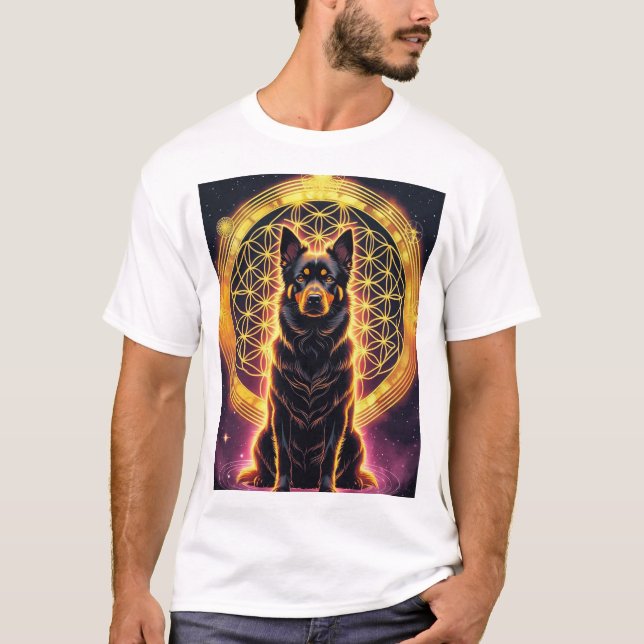 Spiritual Dog with Golden Mandala & Flower of Life T-Shirt (Front)