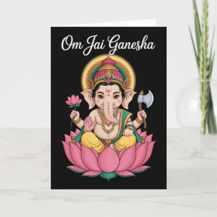 Spiritual Ganesha Lotus Illustration Om Jai Saying Card
