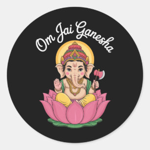 Spiritual Ganesha Lotus Illustration Om Jai Saying Classic Round Sticker