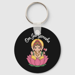 Spiritual Ganesha Lotus Illustration Om Jai Saying Key Ring