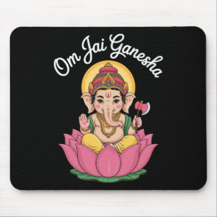 Spiritual Ganesha Lotus Illustration Om Jai Saying Mouse Pad