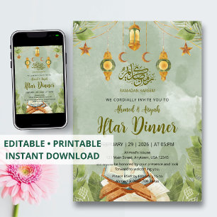 Spiritual Green Watercolor Quran & Lantern Iftar Invitation