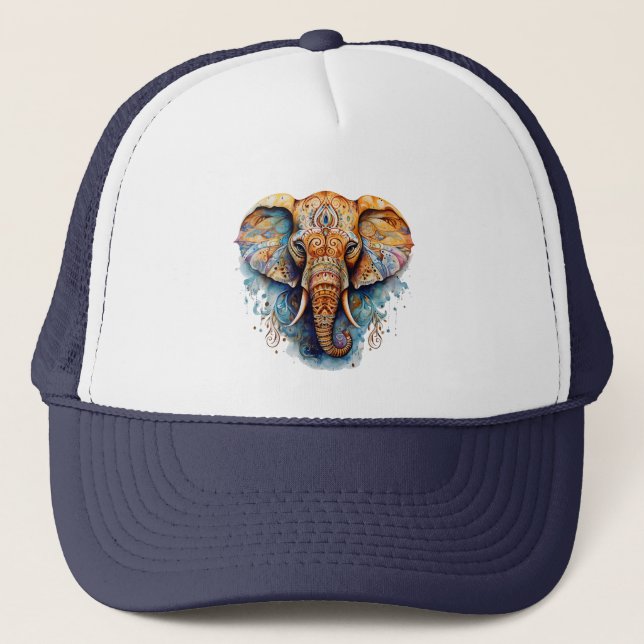 Spiritual Harmony: The Colourful Elephant Mind Trucker Hat (Front)