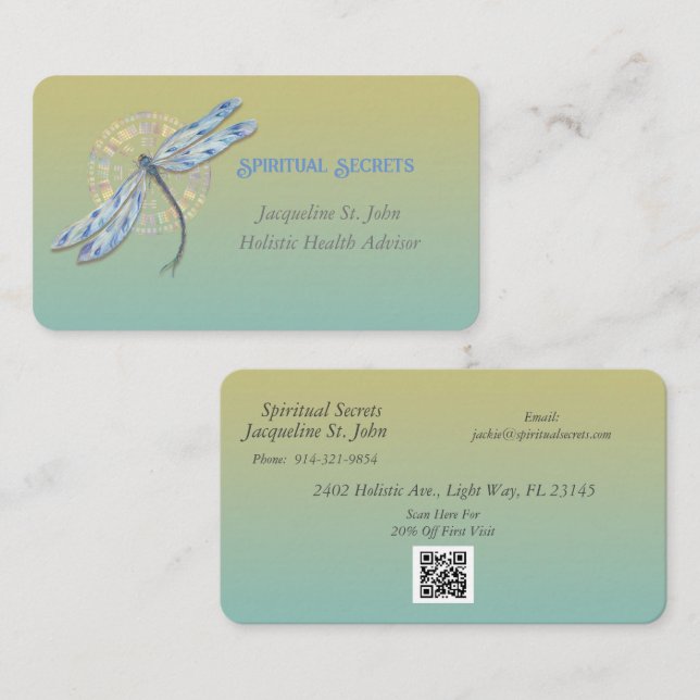 Spiritual Healing With Watercolor Dragonfly Business Card (Front/Back)