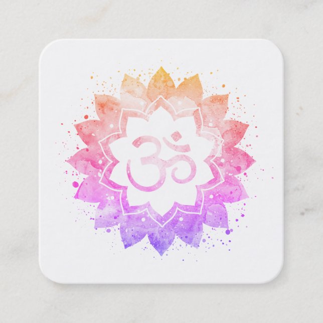 *~* Spiritual Lotus Flower Mandala Om Aum Symbol Square Business Card (Front)