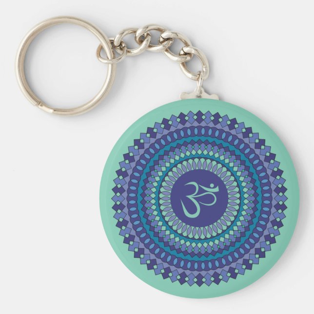 Spiritual Mandala Om Purple Aqua Blue Kaleidoscope Key Ring (Front)