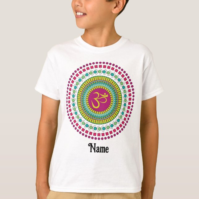 Spiritual Mandala Om Symbol Pink Green Customised T-Shirt (Front)