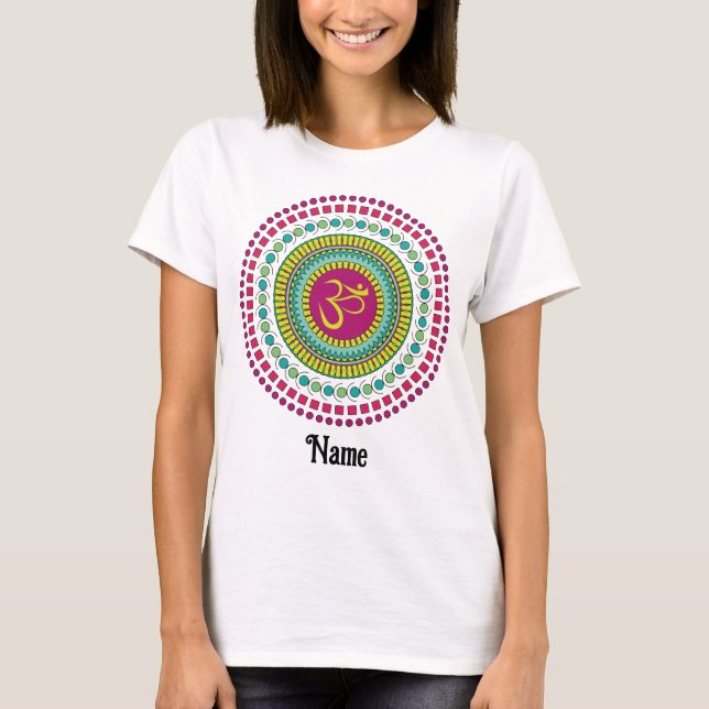 Spiritual Mandala Om Symbol Pink Green Customised T-Shirt (Front)