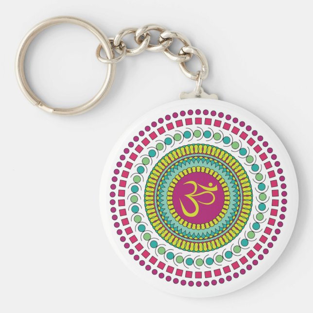 Spiritual Mandala Om Symbol Pink Green Geometric Key Ring (Front)