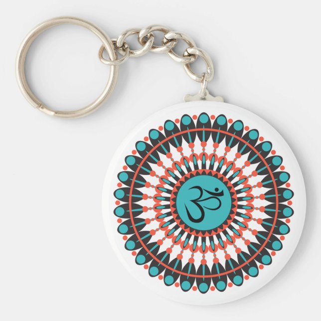 Spiritual Mandala Om Symbol Turquoise Geometric Key Ring (Front)