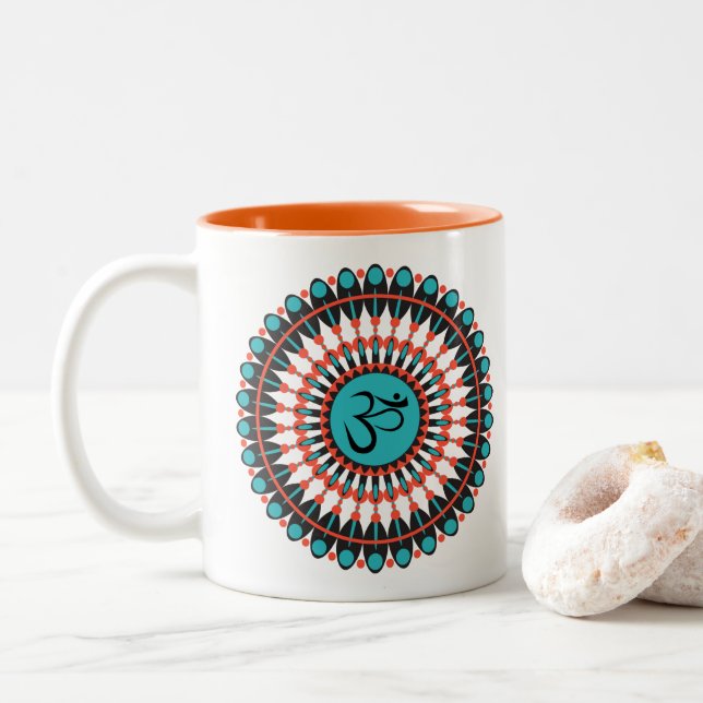 Spiritual Mandala Om Symbol Turquoise Geometric Two-Tone Coffee Mug (With Donut)