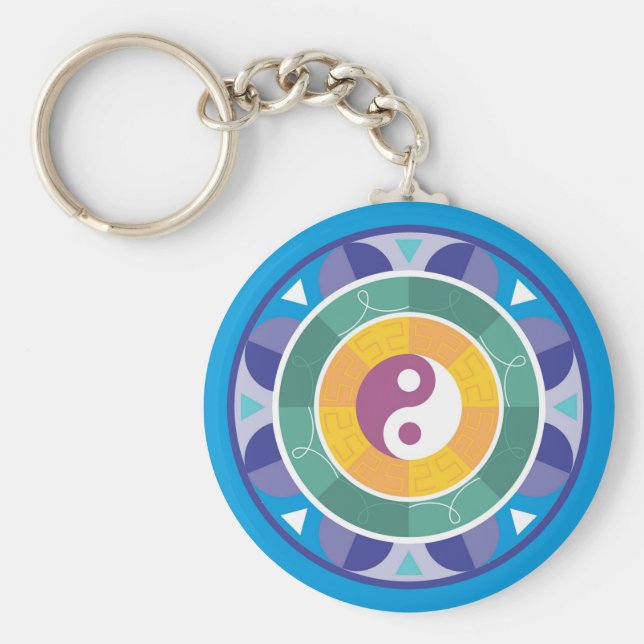 Spiritual Mandala Rainbow Colours Chinese Yin Yang Key Ring (Front)