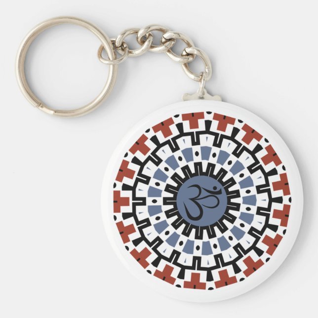 Spiritual Mandala Yoga Om Blue Rust Kaleidoscope Key Ring (Front)