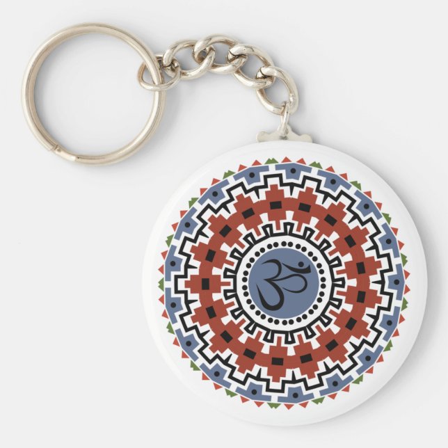 Spiritual Mandala Yoga Om Rust Blue Kaleidoscope Key Ring (Front)