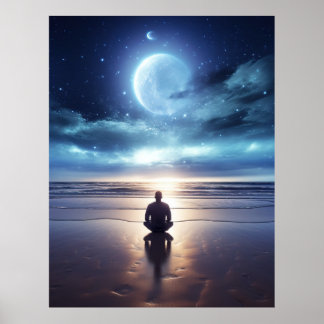 Spiritual Meditating Man on the Beach at Night Poster