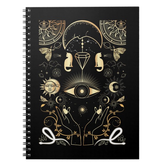 Spiritual Nature Moon Astrology Sun Stars Cat Notebook (Front)